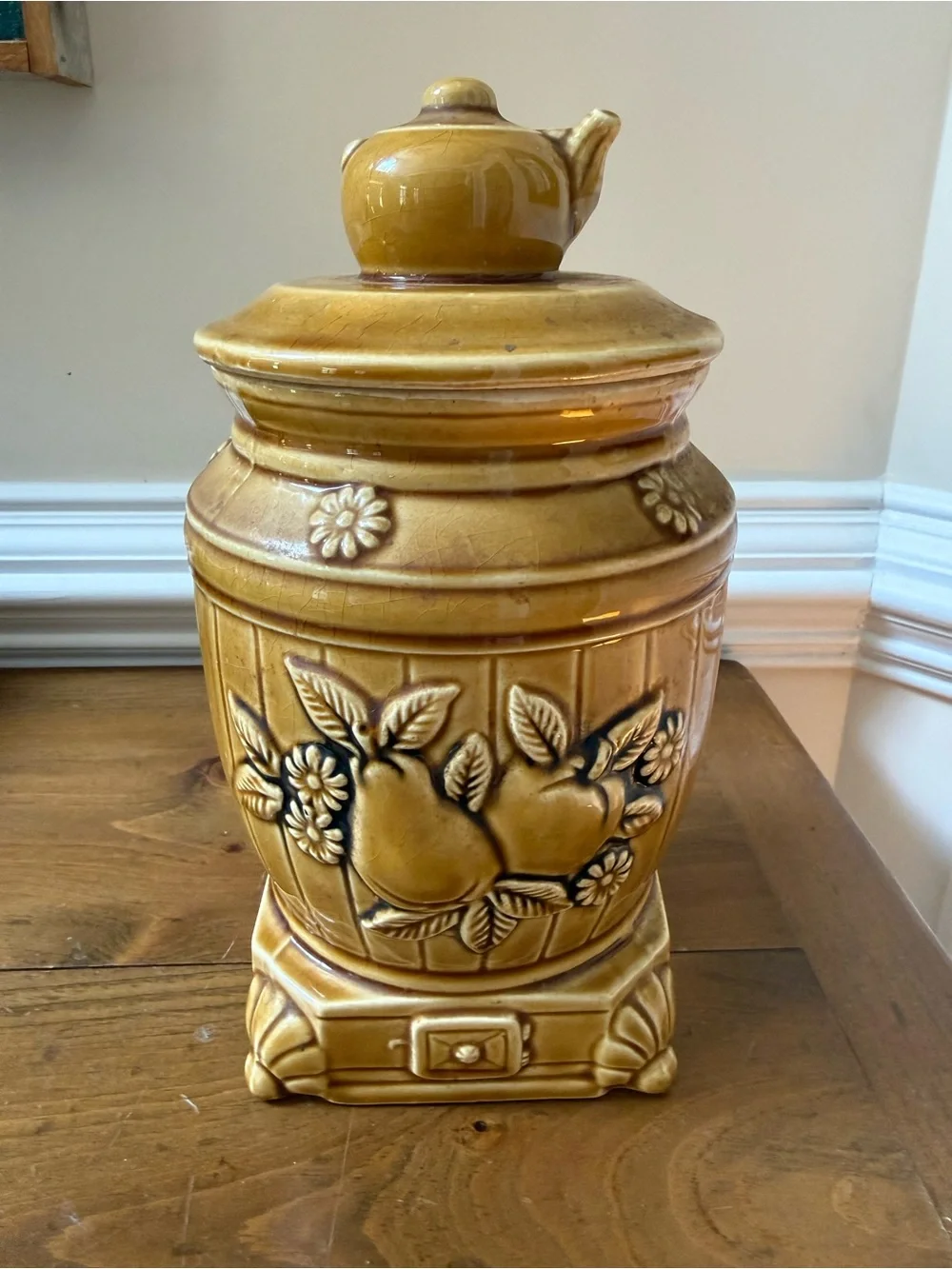 Vintage 1970s Marigold Ceramic pot-belly stove Canister with Fruit and Tea Motif